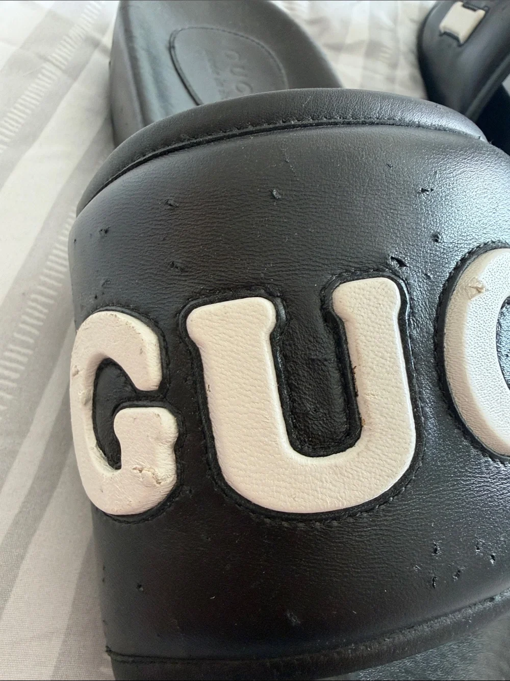 Gucci Black Kids Slide Sandals with White Logo Letters